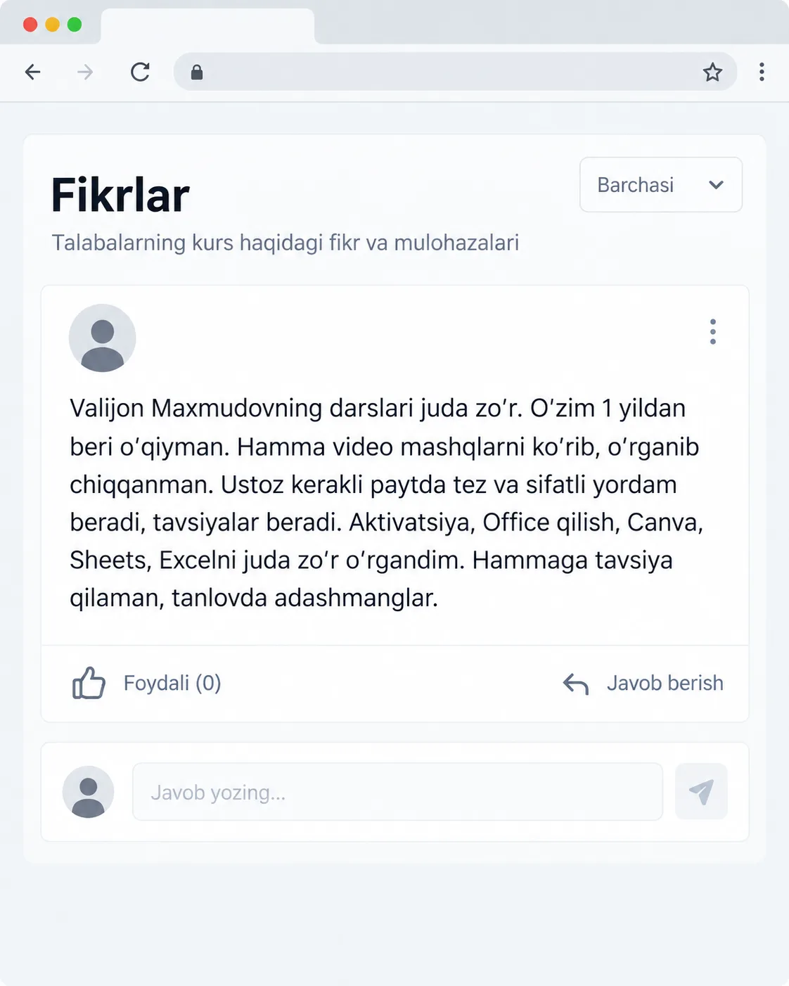 Nurbek: Telegram'dagi fikr