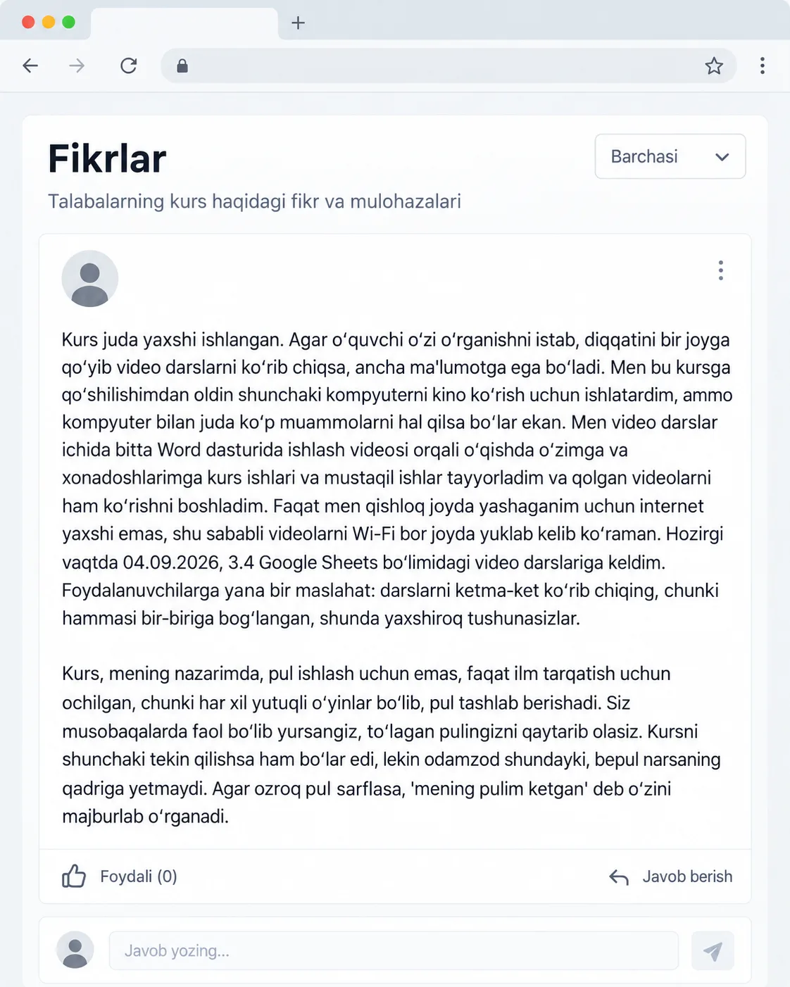 Abdulaziz: Telegram'dagi fikr